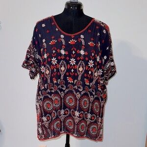 Johnny Was Navy Top with Red and White Embroidery